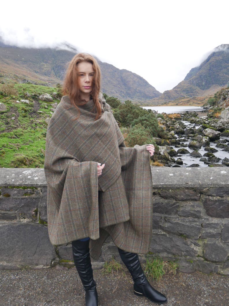 Irish Tweed Wool Cape, Ruana, Wrap, Rectangle Cloak- 100% Pure New Irish Wool - Brown Tartan / Plaid Check - Unisex - HANDMADE IN IRELAND