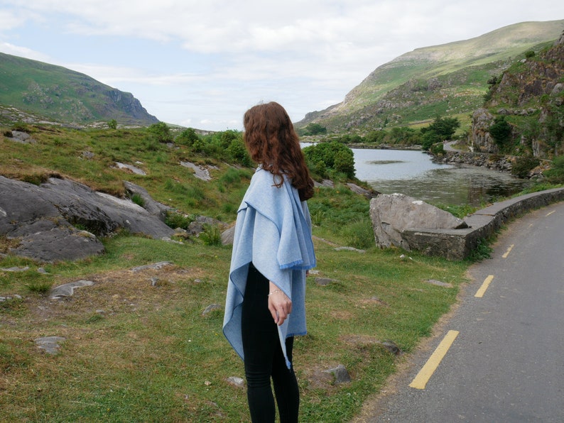 Irish Tweel Woven Wool Ruana, Wrap, Cape - Baby Blue & White Chevron - 100% Pure New Wool - Lightweight - HANDMADE IN IRELAND