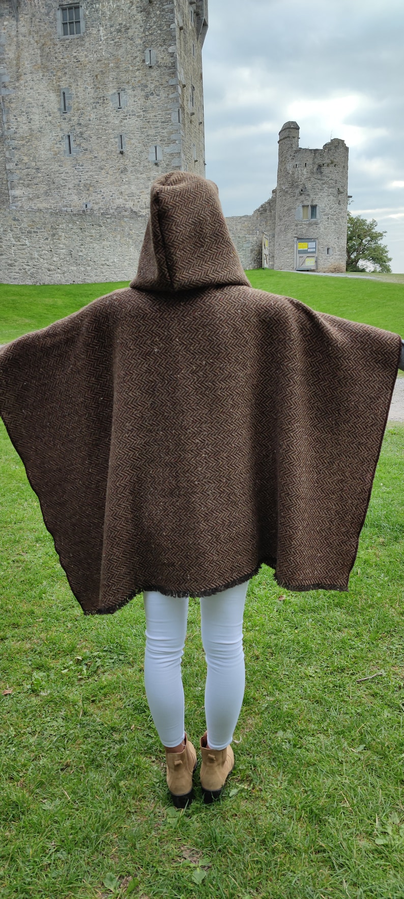 Irish Donegal Tweed Wool Hooded Ruana, Cape, Rectangle Cloak - Speckled Brown/Bronze Herringbone - Heavy Tweed -Unisex - HANDMADE IN IRELAND