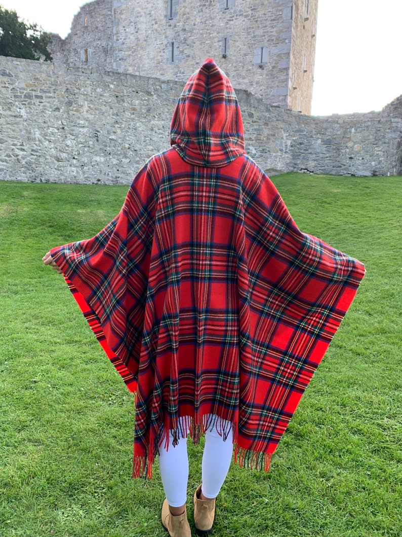Hooded Irish Pure Lambswool Cape, Ruana, Wrap , Shawl - 100% Pure New Wool -Royal Stewart Tartan/Plaid Check -Supersoft -HANDMADE IN IRELAND