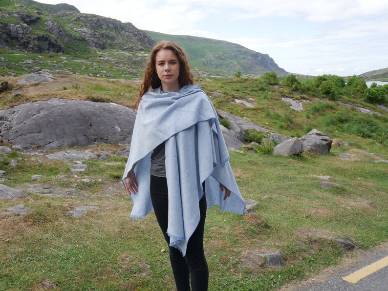 Irish Tweel Woven Wool Ruana, Wrap, Cape - Baby Blue & White Chevron - 100% Pure New Wool - Lightweight - HANDMADE IN IRELAND