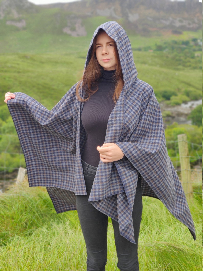 Irish lambswool hooded ruana wrap, cape, arisaid - navy/grey blue/bronze plaid - HANDMADE IN IRELAND