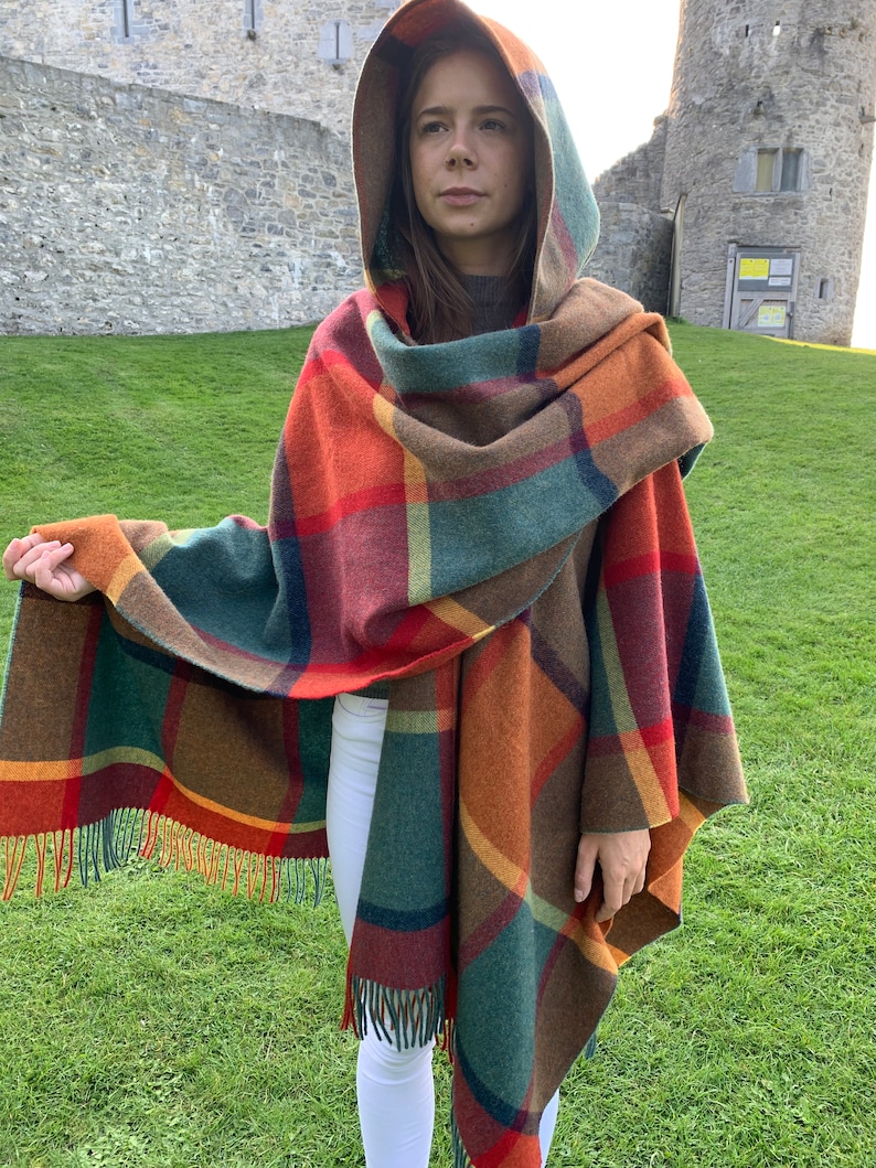Hooded Irish Pure Lambswool Cape, Ruana, Wrap , Shawl - 100% Pure New Wool - Orange/Green/Yellow/Wine Check - Supersoft -HANDMADE IN IRELAND