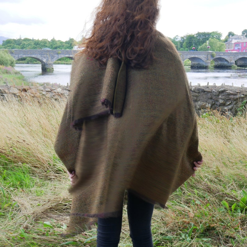 Irish Donegal Tweed Wool Ruana,wrap,cape,coat,arisaid -bronze/brown herringbone with over check - 100% Pure New Wool - HANDMADE IN IRELAND