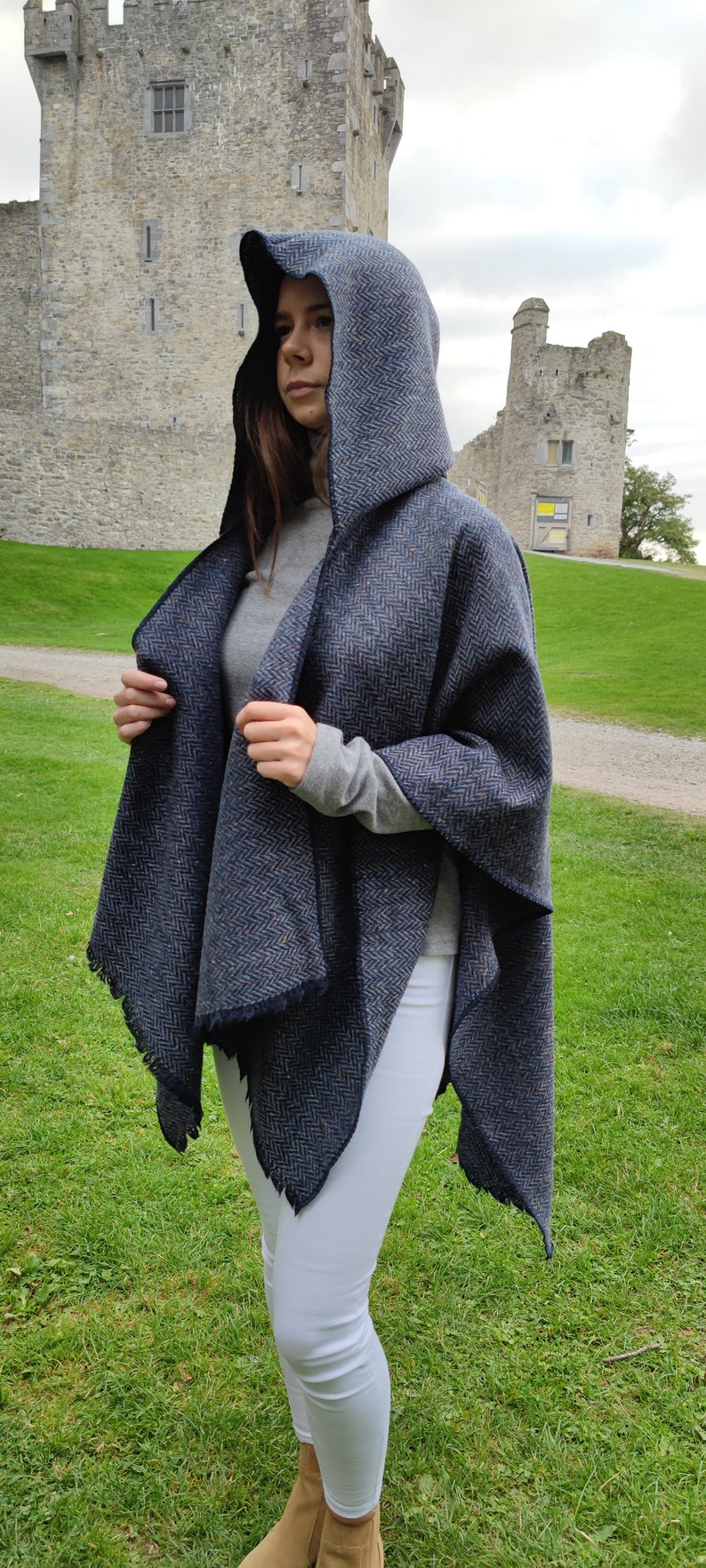 Hooded Irish Donegal Tweed Cape, Rectangle Cloak, Ruana - Speckled Denim Navy Herringbone - 100% Pure New Wool -Unisex - HANDMADE IN IRELAND