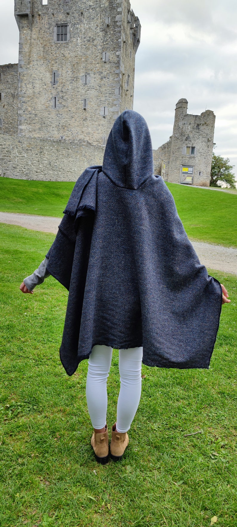 Hooded Irish Donegal Tweed Cape, Rectangle Cloak, Ruana - Speckled Denim Navy Herringbone - 100% Pure New Wool -Unisex - HANDMADE IN IRELAND