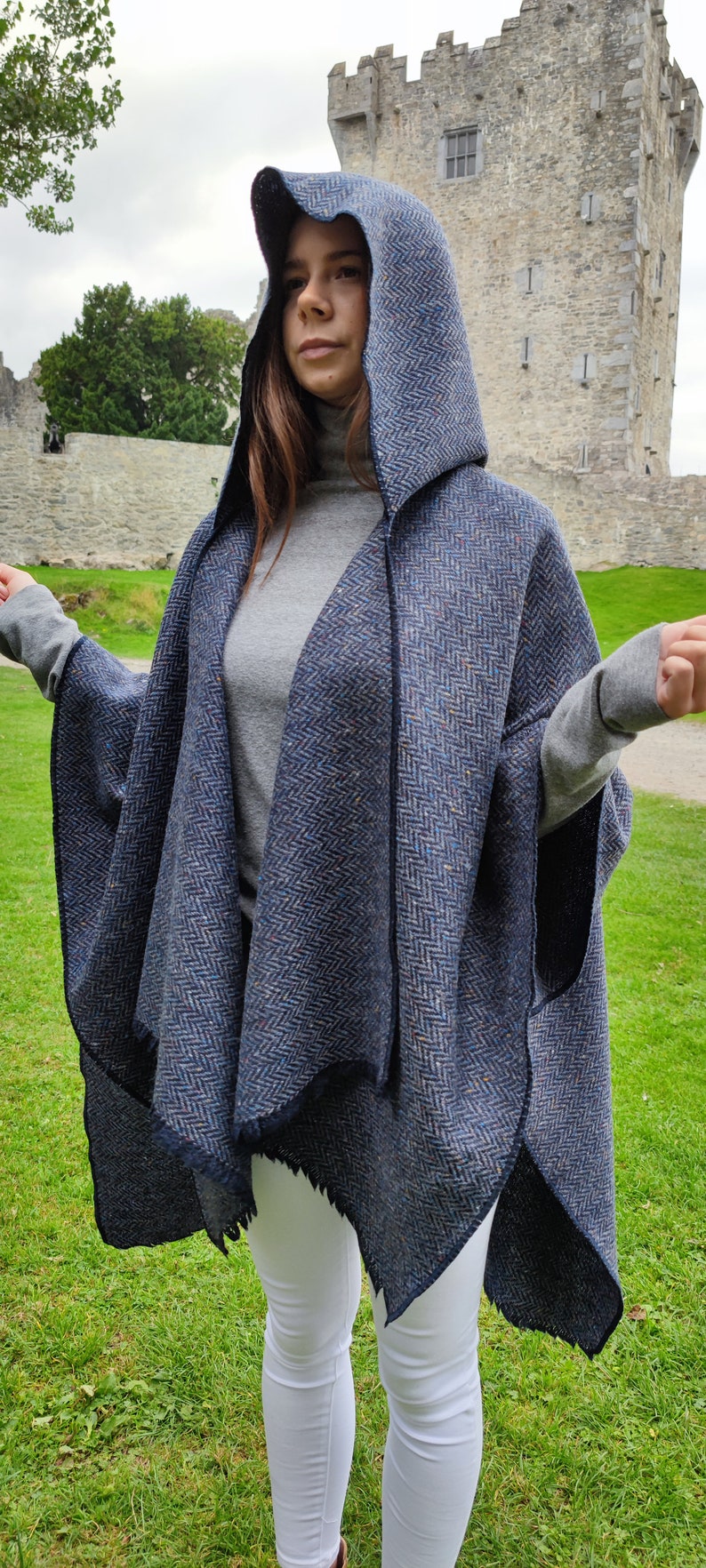Hooded Irish Donegal Tweed Cape, Rectangle Cloak, Ruana - Speckled Denim Navy Herringbone - 100% Pure New Wool -Unisex - HANDMADE IN IRELAND