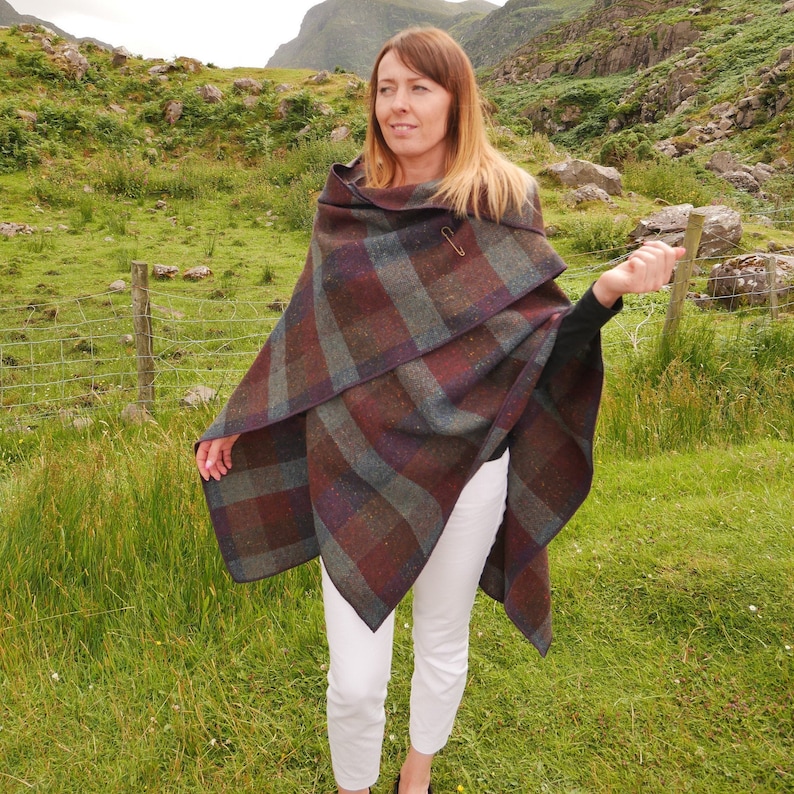 Irish Donegal Tweed Wool Hooded Ruana, Wrap, Cape, Cloak - Burgundy & Green Check  - Heavy Tweed - 100% Pure New Wool - HANDMADE IN IRELAND