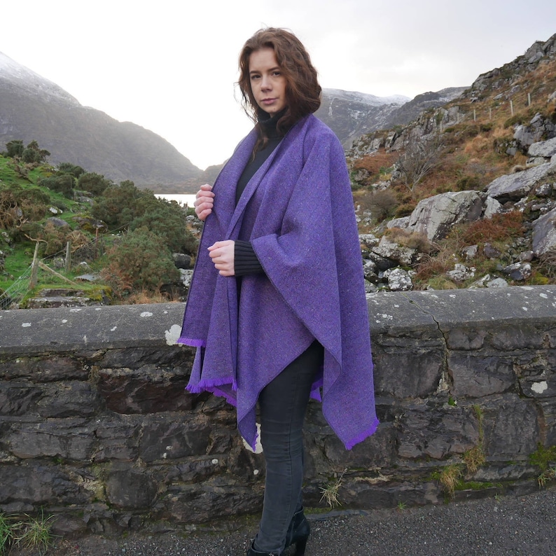 Irish Donegal Tweed Ruana, Wrap, Cape, Rectangle Cloak - Purple Herringbone - 100% Pure New Wool - HEAVY TWEED - Handmade in Ireland