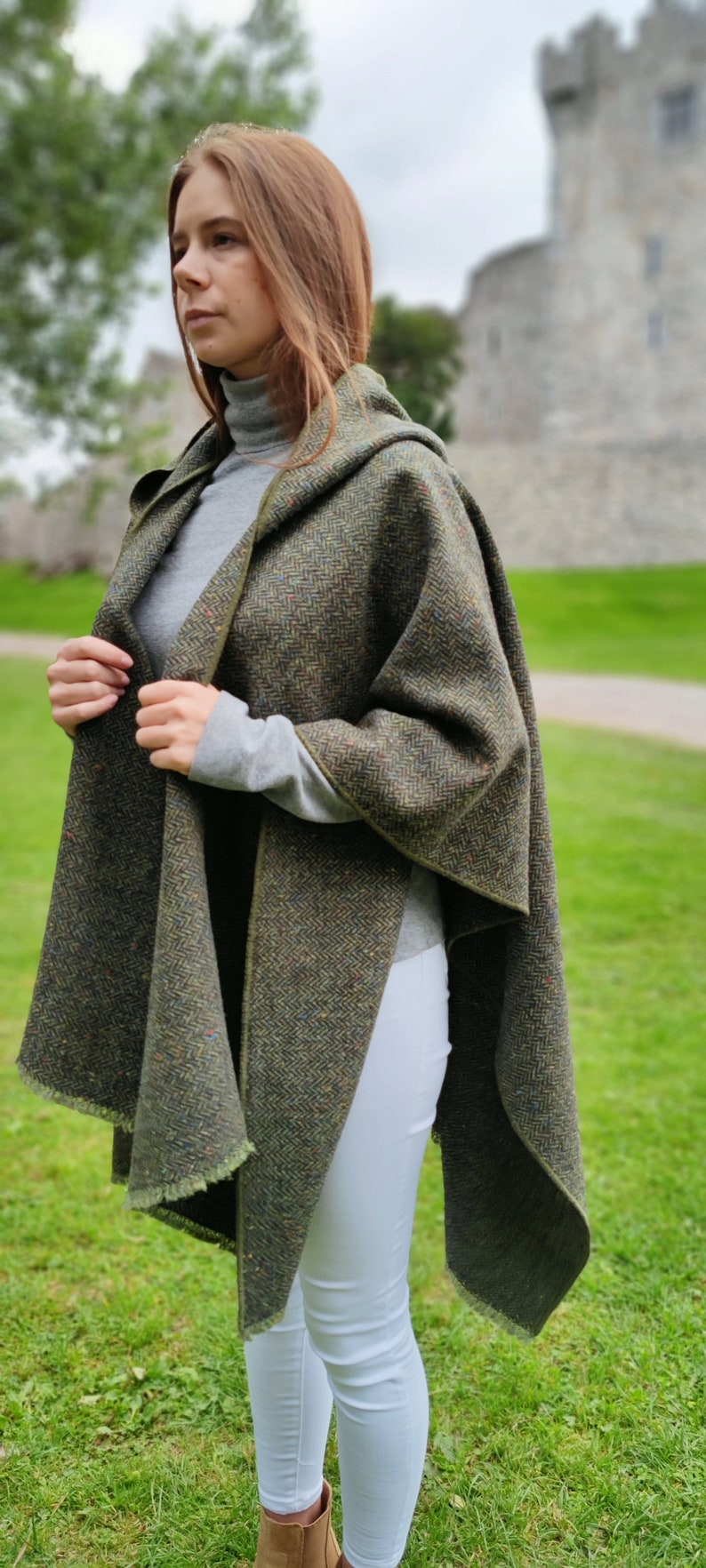 Irish Donegal Tweed Wool Hooded Ruana, Cape, Rectangle Cloak - Speckled Forest Green Herringbone - Mediumweight -Unisex- HANDMADE IN IRELAND