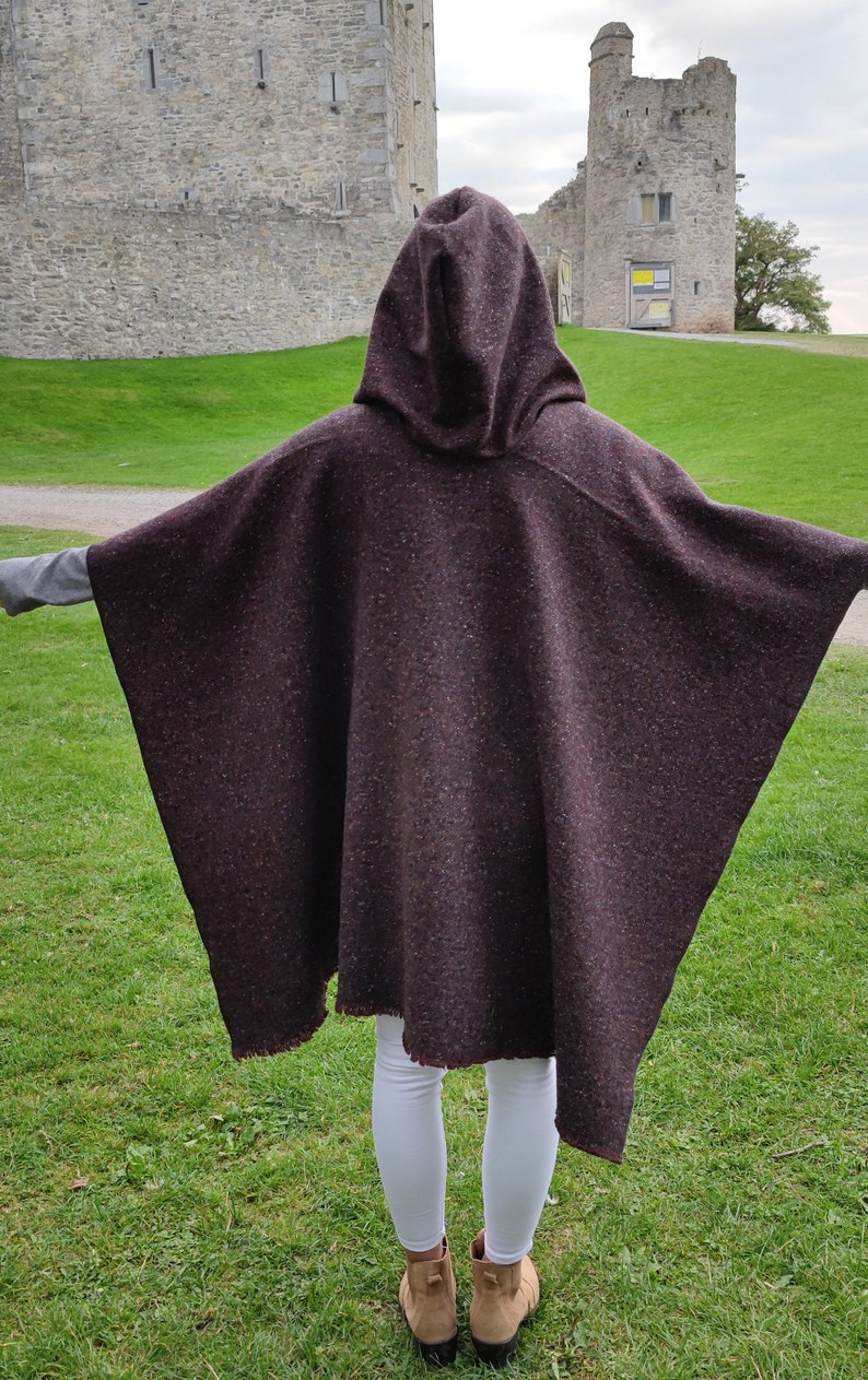 Irish Donegal Tweed Wool Hooded Ruana, Cape, Rectangle Cloak - Traditional Burgundy Fleck - Heavy Tweed - Unisex - HANDMADE IN IRELAND