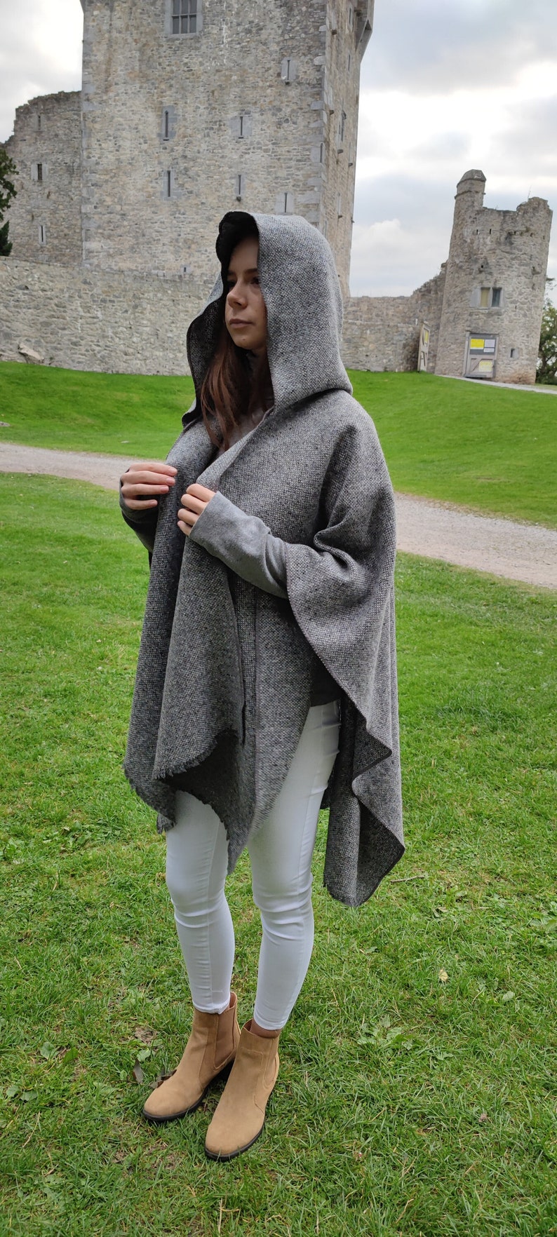 Irish Donegal Tweed Wool Hooded Ruana, Cape, Rectangle Cloak - Traditional Grey Fleck  - Heavy Tweed - Unisex - HANDMADE IN IRELAND