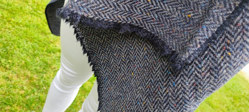 Hooded Irish Donegal Tweed Cape, Rectangle Cloak, Ruana - Speckled Denim Navy Herringbone - 100% Pure New Wool -Unisex - HANDMADE IN IRELAND