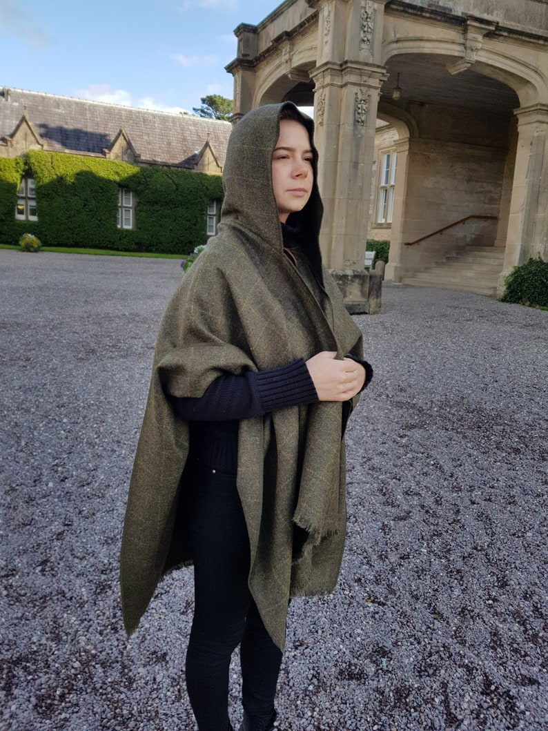 Irish Donegal Tweed Wool Hooded Ruana, Wrap, Cape ,Arisaid - Green With Yellow Check - Unisex - 100% Pure New Wool - HANDMADE IN IRELAND