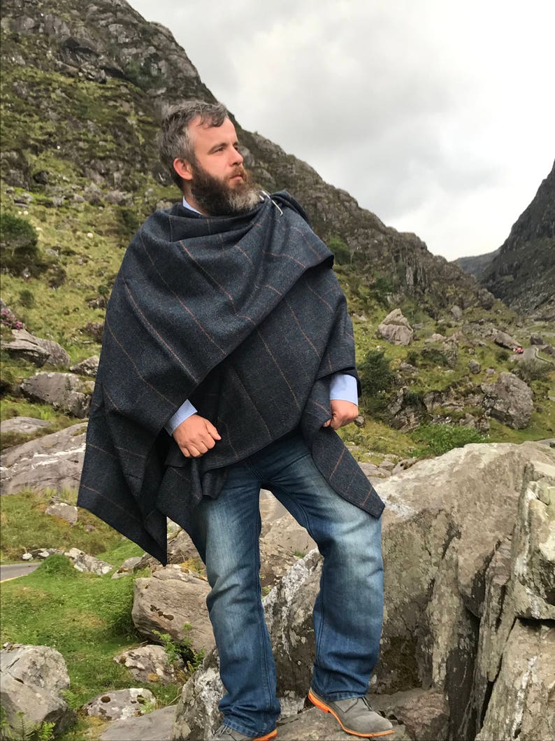 Irish Donegal Tweed Ruana, Wrap, Cape, Rectangle Cloak - Navy Denim Herringbone With Orange/Purple Check - 100% Wool - HANDMADE IN IRELAND