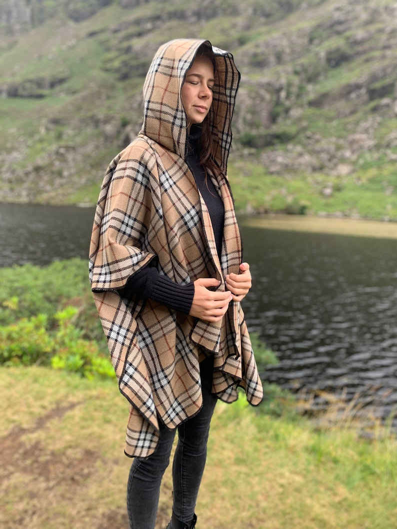 Hooded Irish Soft Lambswool Cape, Ruana, Wrap - 100% Pure New Wool - Camel Tartan / Plaid Check/ Thompson Check - HANDMADE IN IRELAND