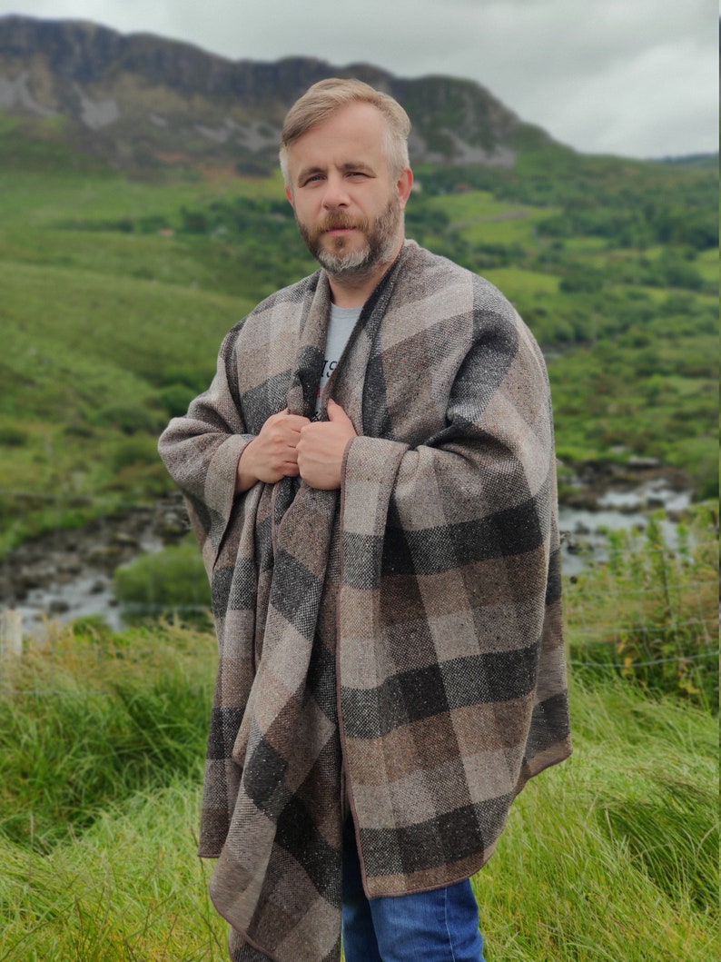 Irish Donegal Tweed Ruana, Wrap, Cape, Cloak - HEAVY TWEED - Beige/Brown/Grey Box Check - 100% Pure New Wool - Unisex - Handmade in Ireland
