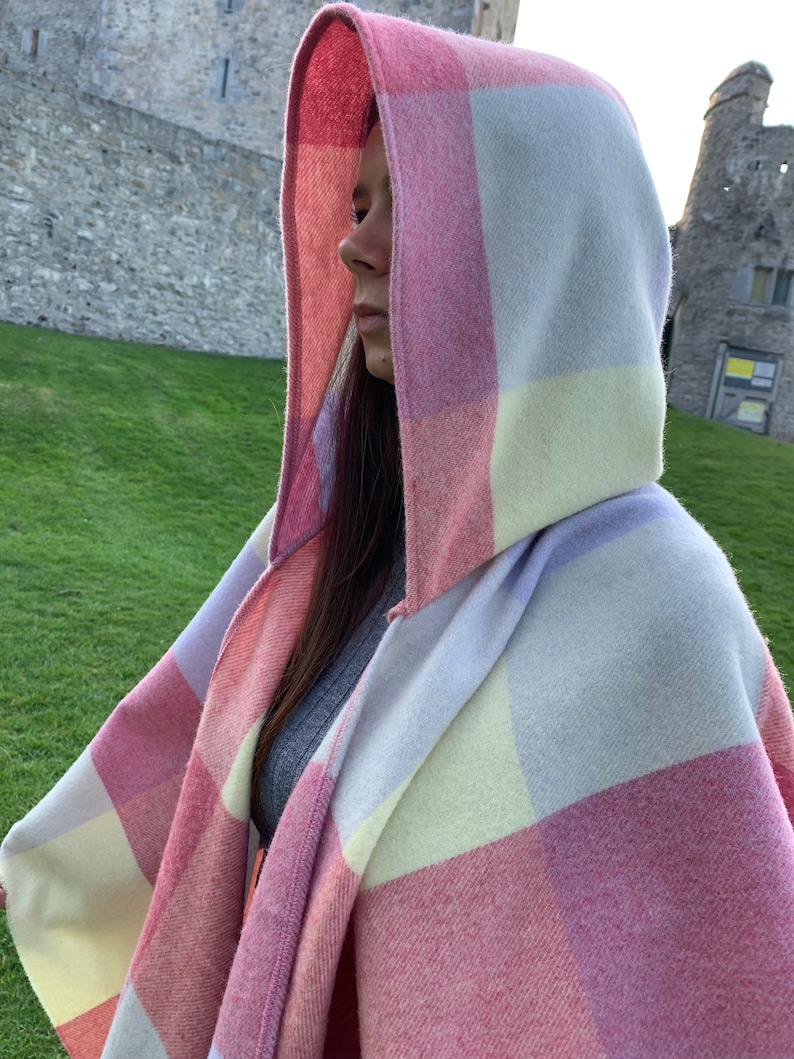 Hooded Irish Pure Lambswool Cape, Ruana, Wrap , Shawl - 100% Pure New Wool -Pale/Blue/Pink/Lemon Block Check -Supersoft -HANDMADE IN IRELAND