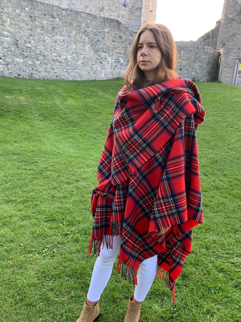 Hooded Irish Pure Lambswool Cape, Ruana, Wrap , Shawl - 100% Pure New Wool -Royal Stewart Tartan/Plaid Check -Supersoft -HANDMADE IN IRELAND