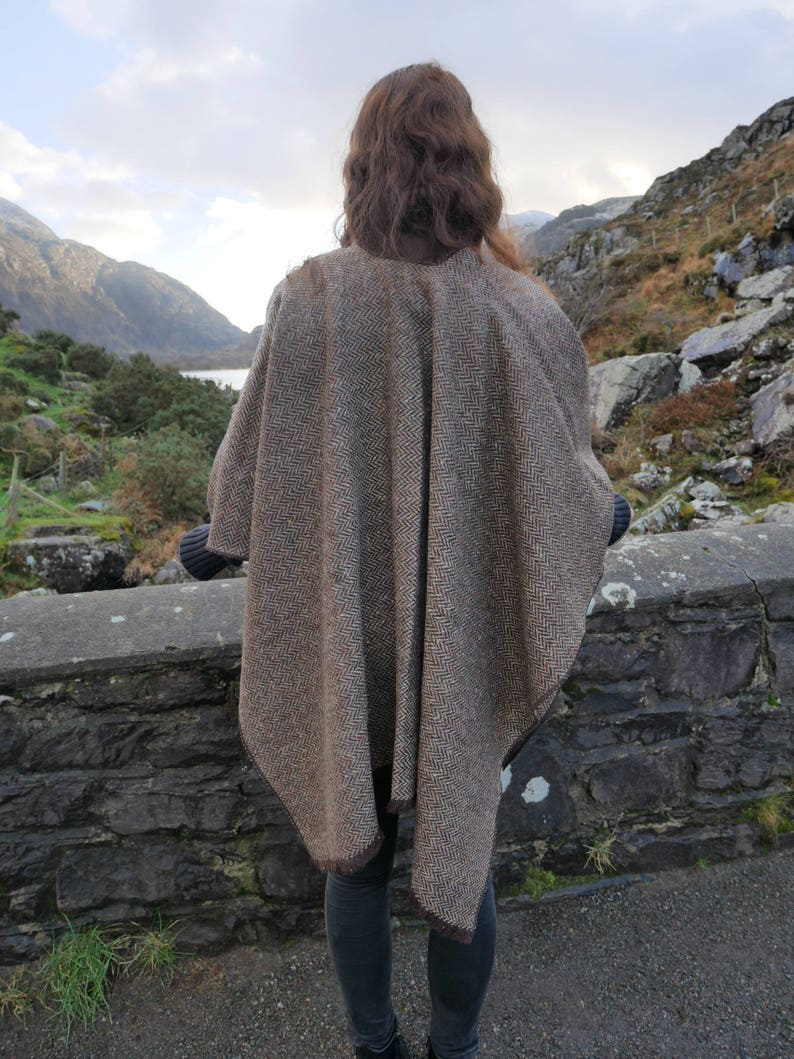 Irish Donegal Tweed Ruana, Wrap, Cape,  - Brown/Beige Herringbone With Multi-colour Fleck/Speckled -100% Pure New Wool - Handmade in Ireland