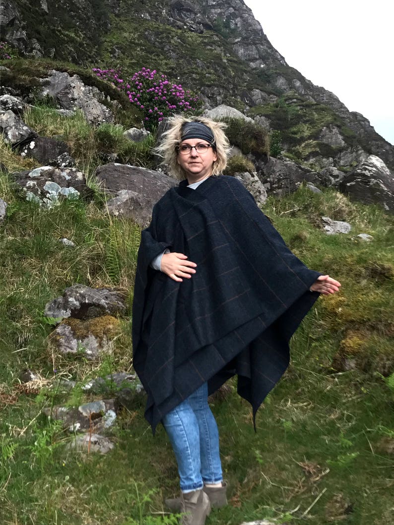 Irish Donegal Tweed Ruana, Wrap, Cape, Rectangle Cloak - Navy Denim Herringbone With Orange/Purple Check - 100% Wool - HANDMADE IN IRELAND