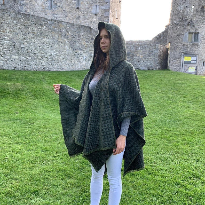 Irish Donegal Tweed Wool Hooded Ruana, Cape, Rectangle Cloak - Speckled Forest Green Herringbone - Heavy Tweed -Unisex- HANDMADE IN IRELAND