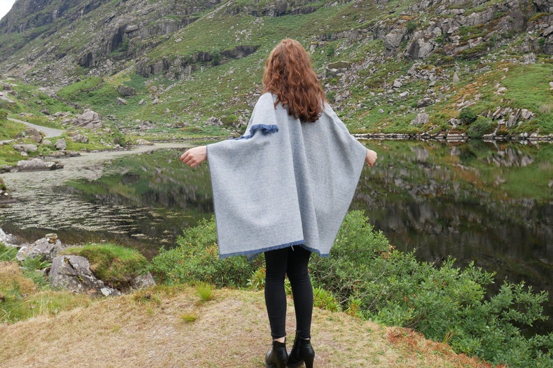 Irish Donegal tweed wool ruana, wrap , arisaid - grey/blue herringbone - 100% Pure New Irish Wool -  HANDMADE IN IRELAND