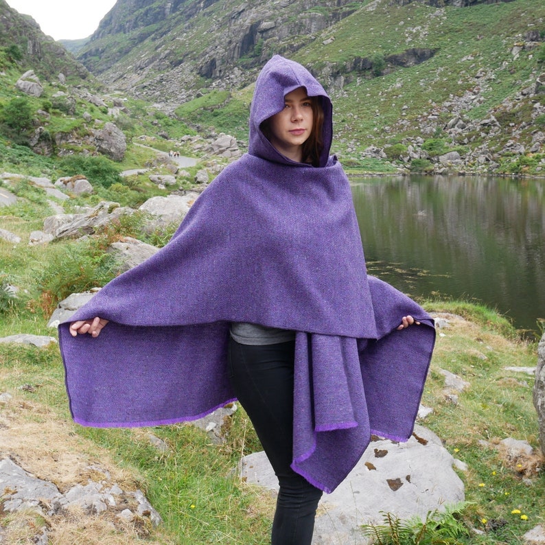 Irish Donegal Tweed Wool Hooded Cape, Ruana, Cloak, Robe, Wrap, Arisaid - Purple Herringbone -  Heavy Tweed - HANDMADE IN IRELAND