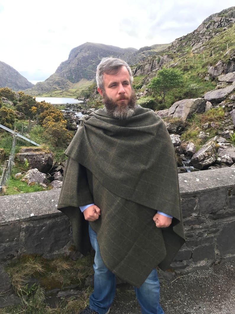 Irish Donegal Tweed Wool Ruana, Cape - Green With Yellow Overcheck - 100% Pure New Wool - Limited Stock! - Unisex - HANDMADE IN IRELAND