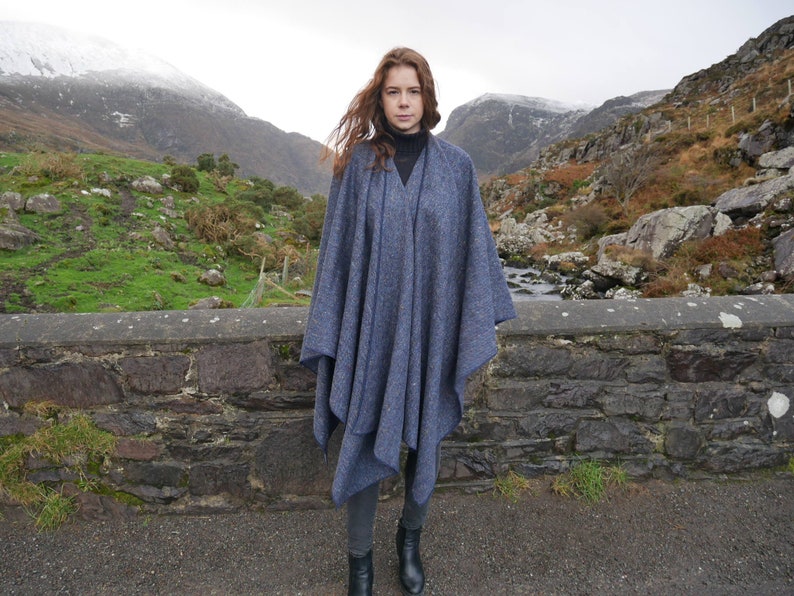 Irish Donegal Tweed Wool Ruana, Wrap, Cape, Arisaid -Speckled Blue/With Fleck/Salt&Pepper- 100% Pure New Wool - Unisex - HANDMADE IN IRELAND