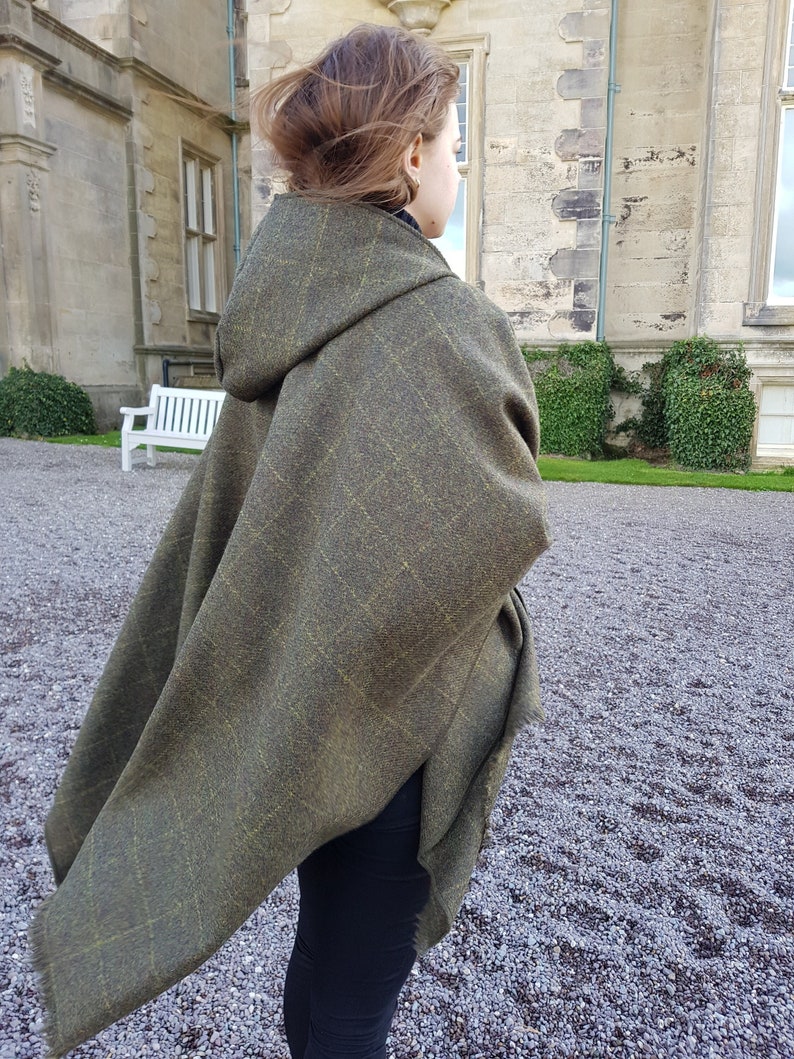Irish Donegal Tweed Wool Hooded Ruana, Wrap, Cape ,Arisaid - Green With Yellow Check - Unisex - 100% Pure New Wool - HANDMADE IN IRELAND