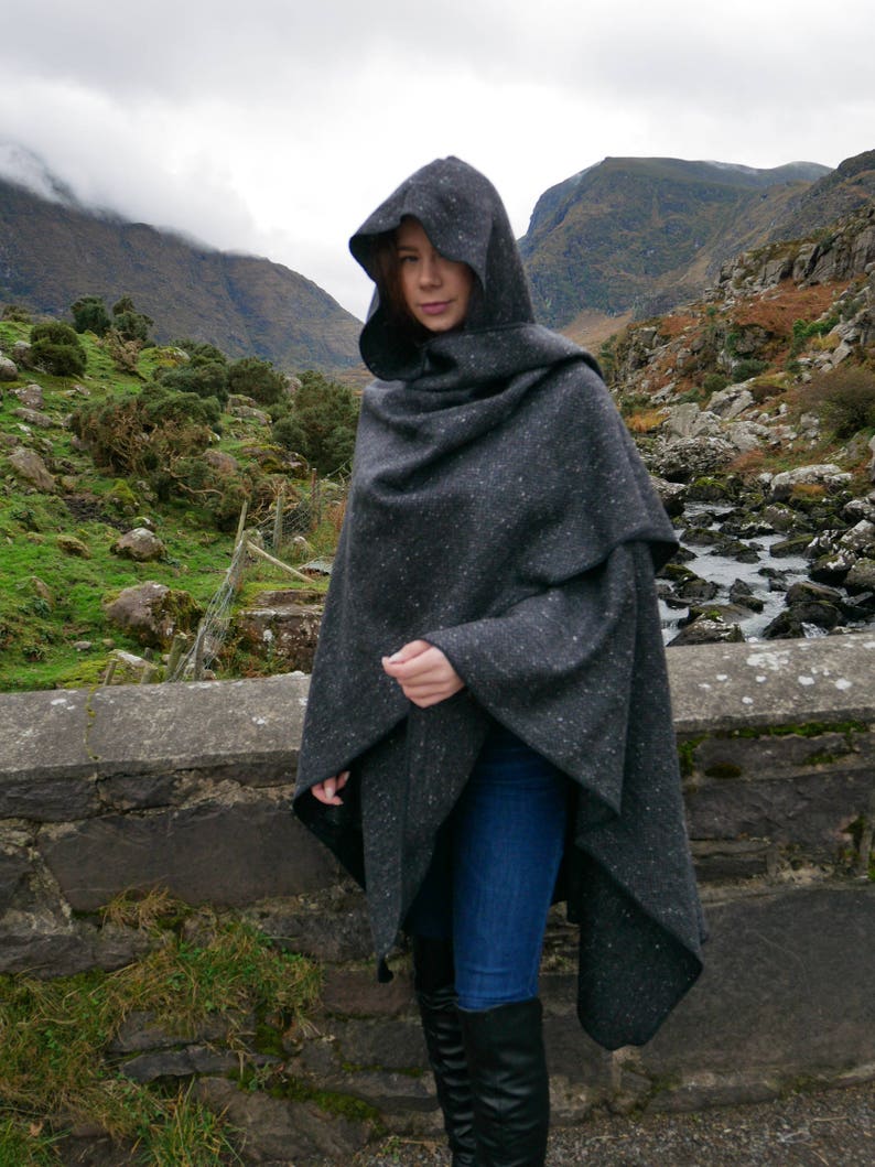 Irish Donegal Tweed Hooded Ruana, Wrap, Cape,  - Black/ Charcoal/ Grey Herringbone - 100% Pure New Wool - heavy tweed - HANDMADE IN IRELAND