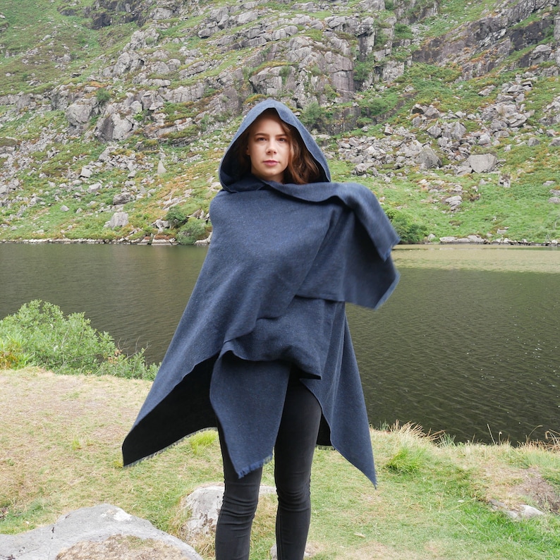Irish Woven Wool Hooded Ruana, Cape, Rectangle Cloak, Wrap - 100% Pure New Wool - Plain Solid Navy - Unisex - HANDMADE IN IRELAND
