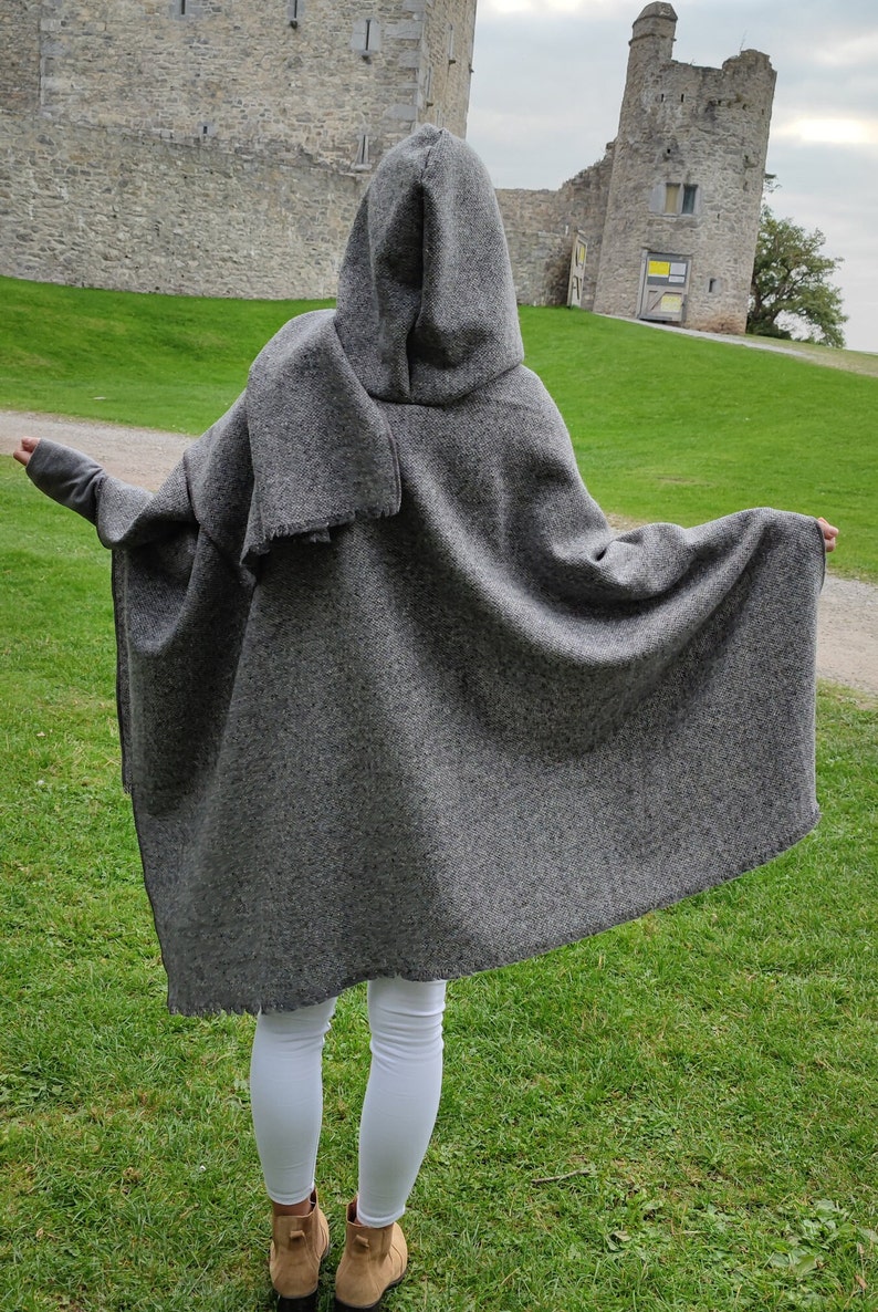 Irish Donegal Tweed Wool Hooded Ruana, Cape, Rectangle Cloak - Traditional Grey Fleck  - Heavy Tweed - Unisex - HANDMADE IN IRELAND