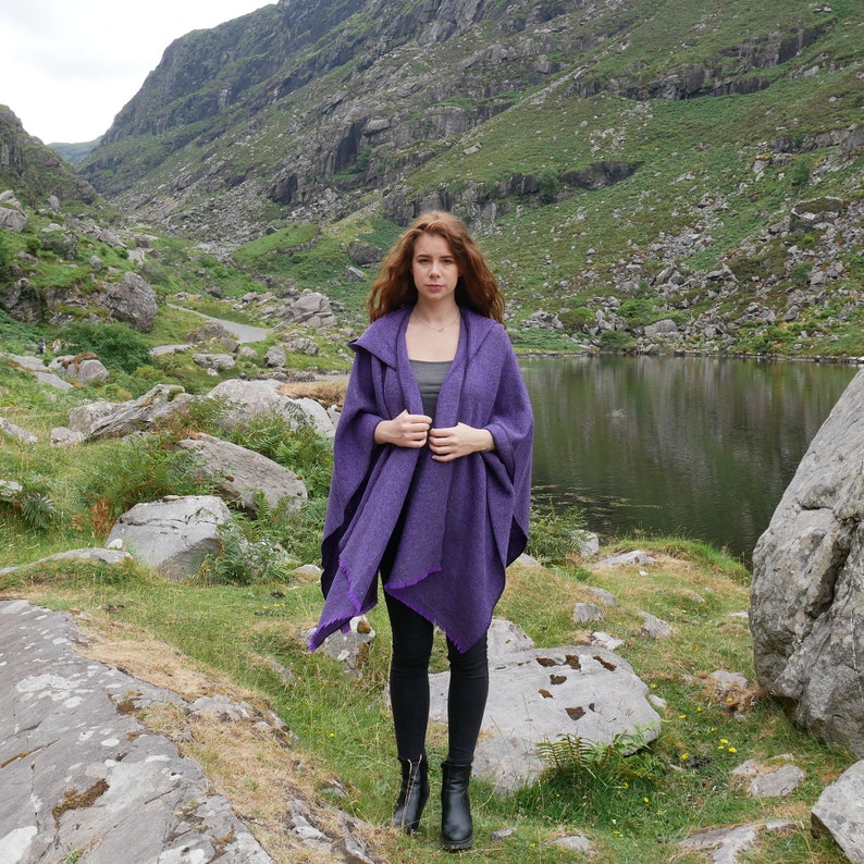 Irish Donegal Tweed Wool Hooded Cape, Ruana, Cloak, Robe, Wrap, Arisaid - Purple Herringbone -  Heavy Tweed - HANDMADE IN IRELAND