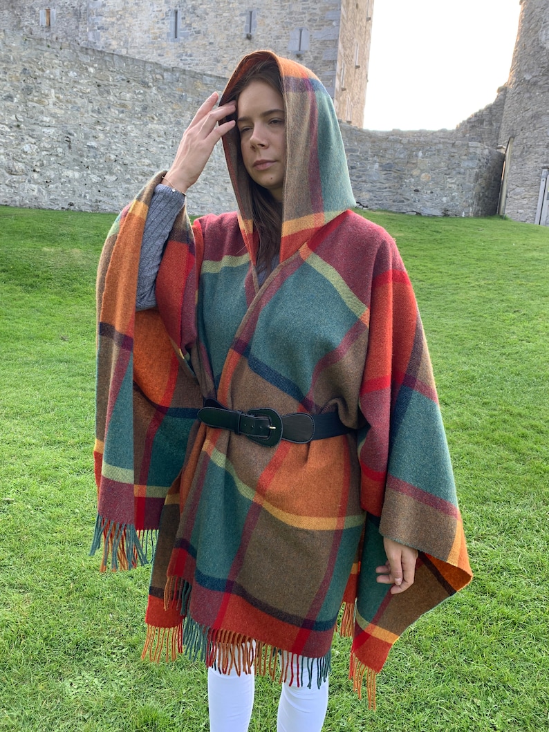 Hooded Irish Pure Lambswool Cape, Ruana, Wrap , Shawl - 100% Pure New Wool - Orange/Green/Yellow/Wine Check - Supersoft -HANDMADE IN IRELAND