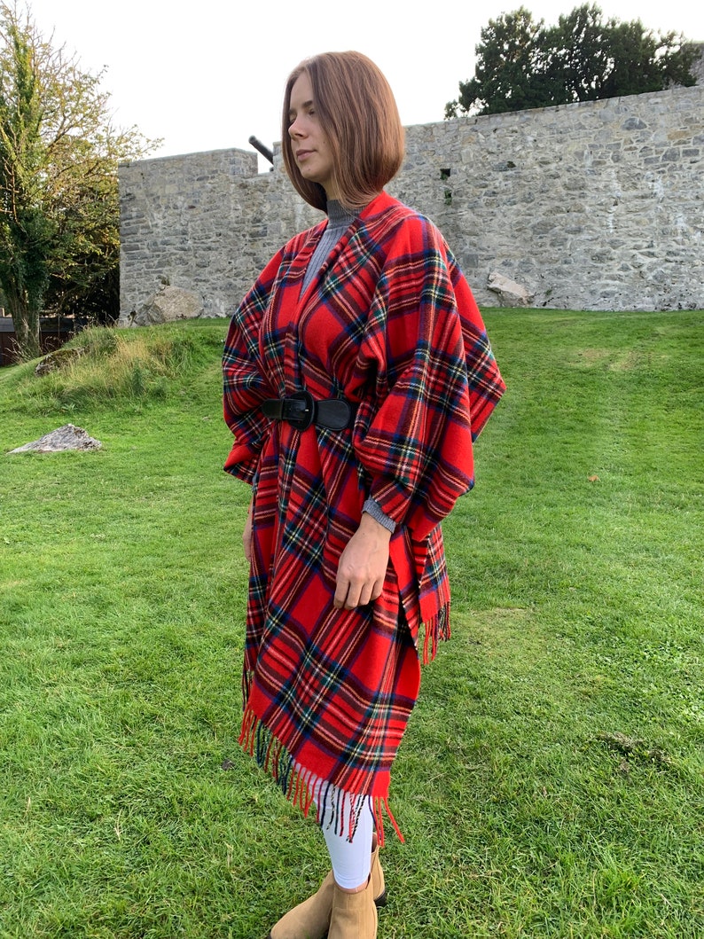 Irish Pure Lambswool Cape, Ruana, Wrap, Shawl - 100% Pure New Wool - Royal Stewart Tartan/Plaid Check - Supersoft - HANDMADE IN IRELAND