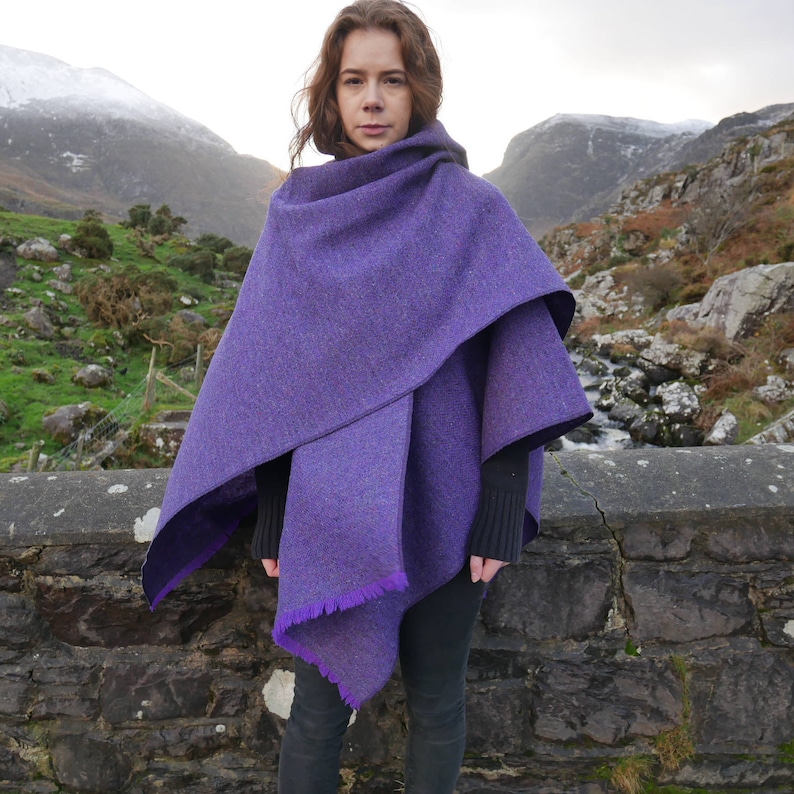 Irish Donegal Tweed Ruana, Wrap, Cape, Rectangle Cloak - Purple Herringbone - 100% Pure New Wool - HEAVY TWEED - Handmade in Ireland