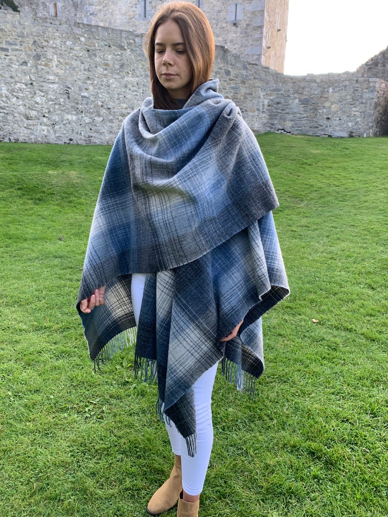 Hooded Irish Pure Lambswool Cape, Ruana, Wrap , Shawl - 100% Pure New Wool - Grey Denim Check - Supersoft - HANDMADE IN IRELAND