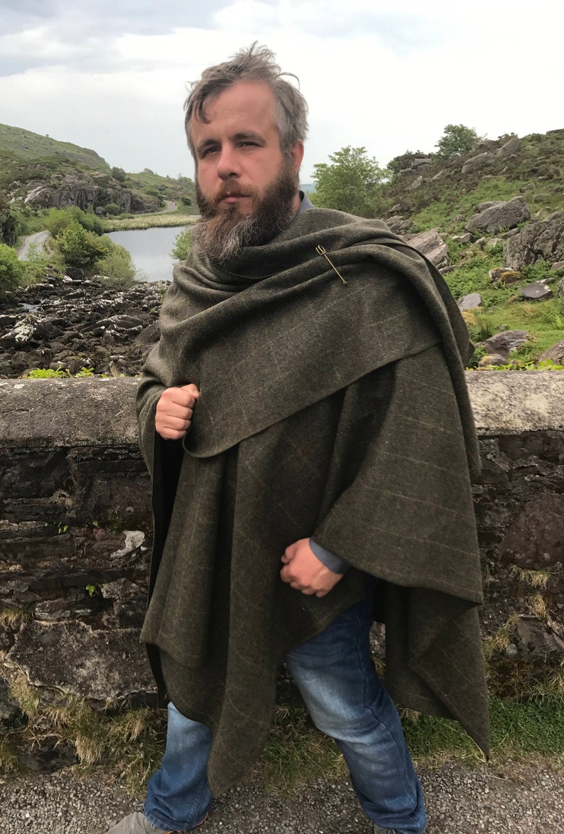 Irish Donegal Tweed Wool Ruana, Cape - Green With Yellow Overcheck - 100% Pure New Wool - Limited Stock! - Unisex - HANDMADE IN IRELAND