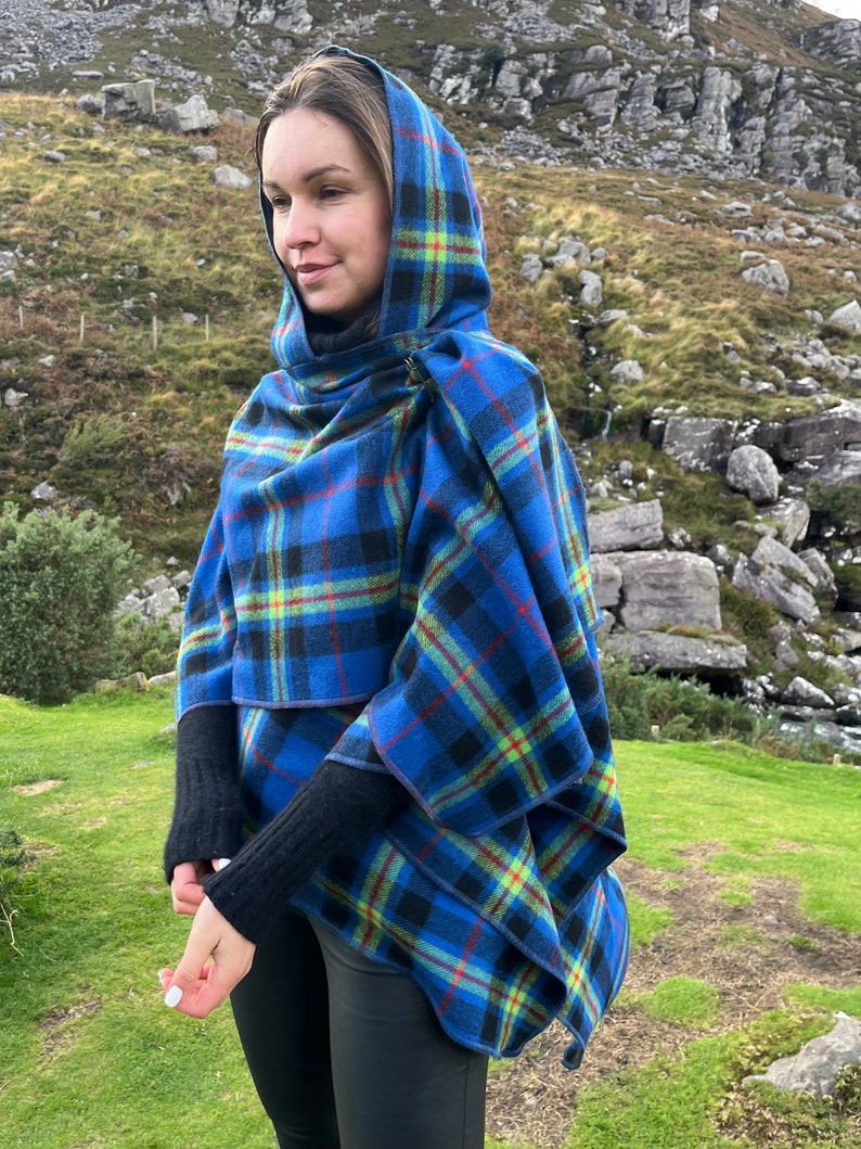 Hooded Supersoft Lambswool Cape, Ruana Wrap , Cloak - 100% Pure New Wool - Blue Navy Lime Green Red Tartan Plaid Check - HANDMADE IN IRELAND