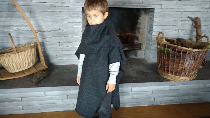 Irish tweed ruana, celtic wrap, cape, plaid, arisaid - 100% wool-navy&charcoal melange-kids 5-6 years old-Handmade in Ireland