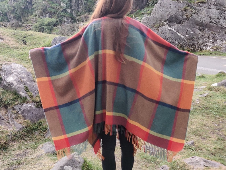 Irish Pure Lambswool Cape, Ruana, Wrap , Shawl - 100% Pure New Wool - multicolour block check - supersoft  - HANDMADE IN IRELAND