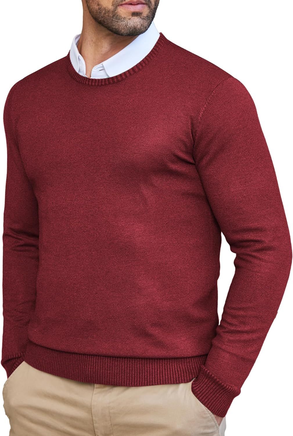 Men's Dress Crew Neck Sweater Slim Fit Lightweight Long Sleeve Sweater