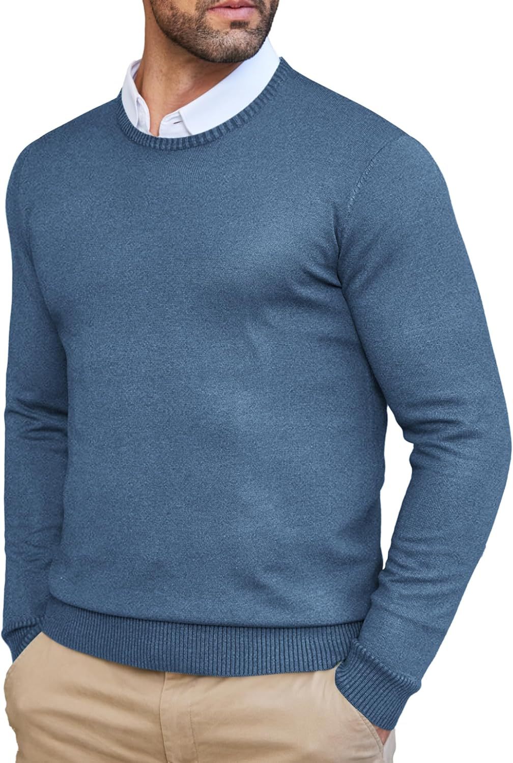Men's Dress Crew Neck Sweater Slim Fit Lightweight Long Sleeve Sweater