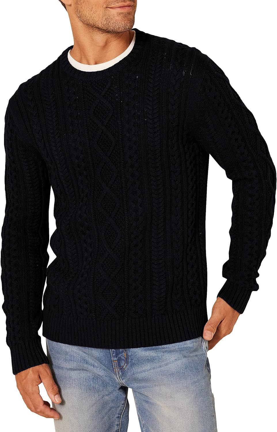 Men's Long-Sleeve 100% Cotton Fisherman Cable Crewneck Sweater