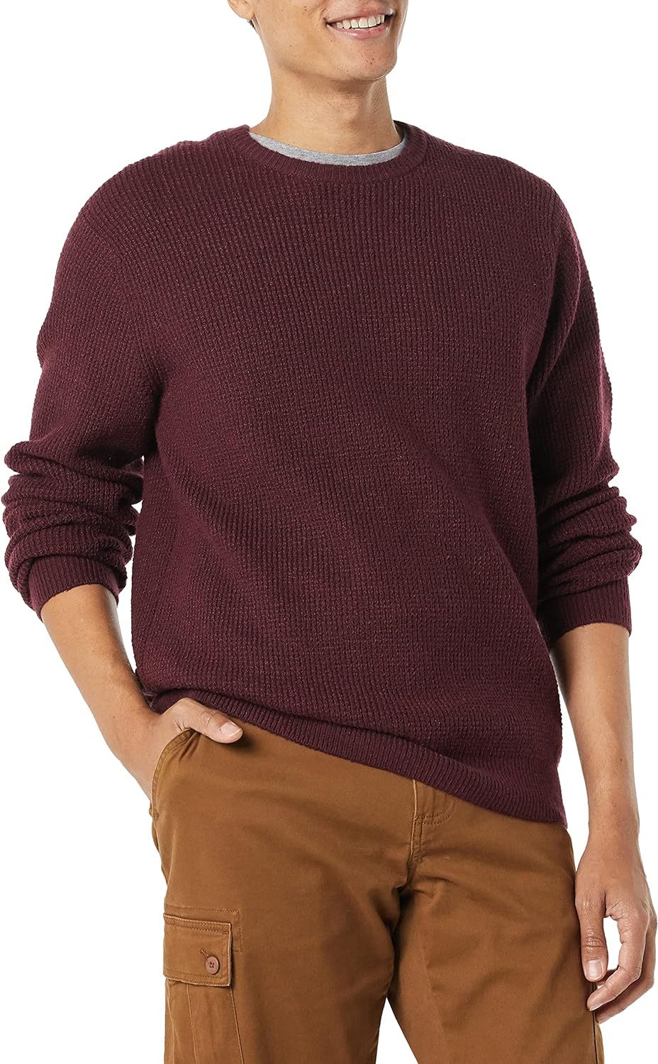 Men's Long-Sleeve Soft Touch Waffle Stitch Crewneck Sweater