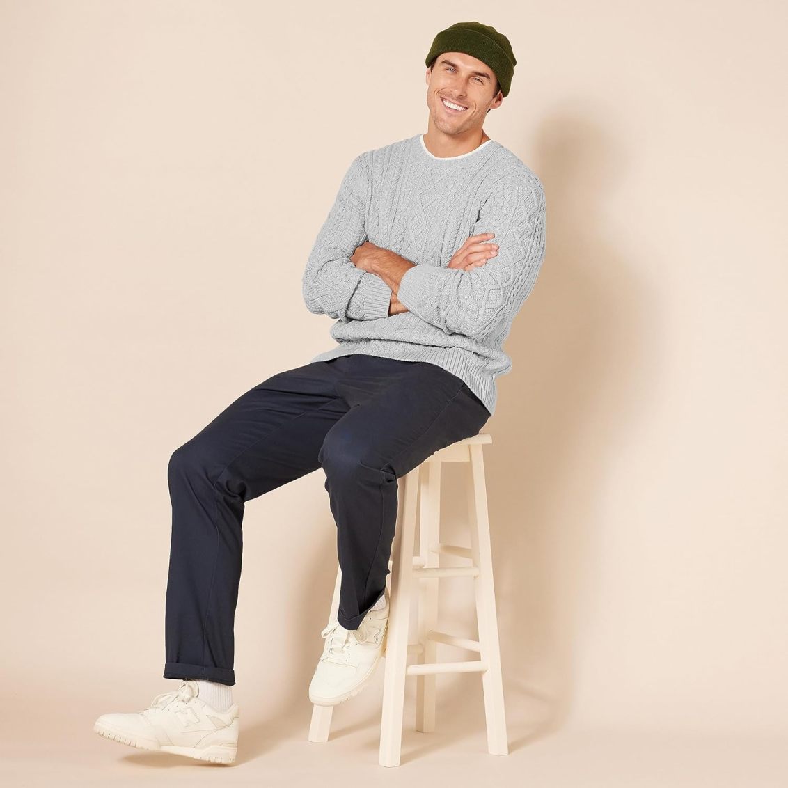 Men's Long-Sleeve 100% Cotton Fisherman Cable Crewneck Sweater