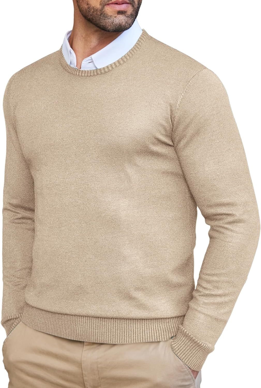 Men's Dress Crew Neck Sweater Slim Fit Lightweight Long Sleeve Sweater