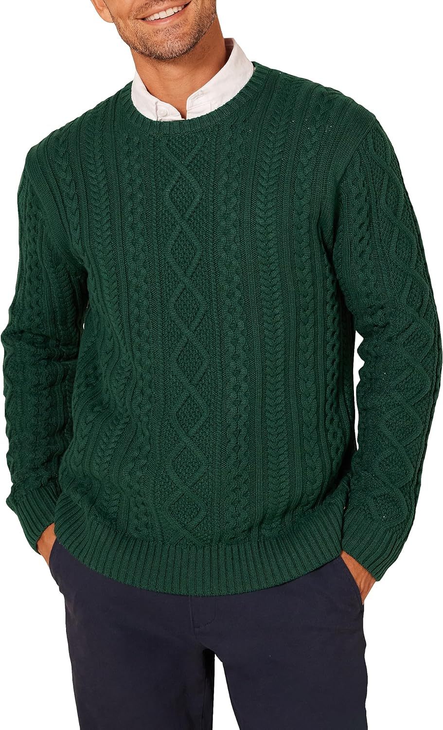 Men's Long-Sleeve 100% Cotton Fisherman Cable Crewneck Sweater
